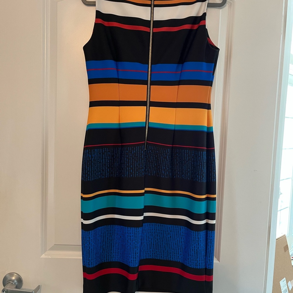 Calvin Klein Sleeveless Stripe Midi Dress in Black, Blue, Teal & Mustard